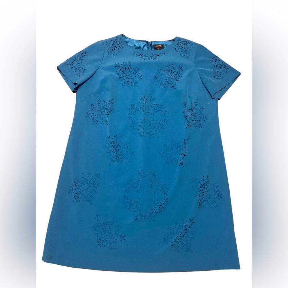 Tahari Mini Dress Short Sleeve Laser Cut Geometric Pattern Bright Blue Size 20W